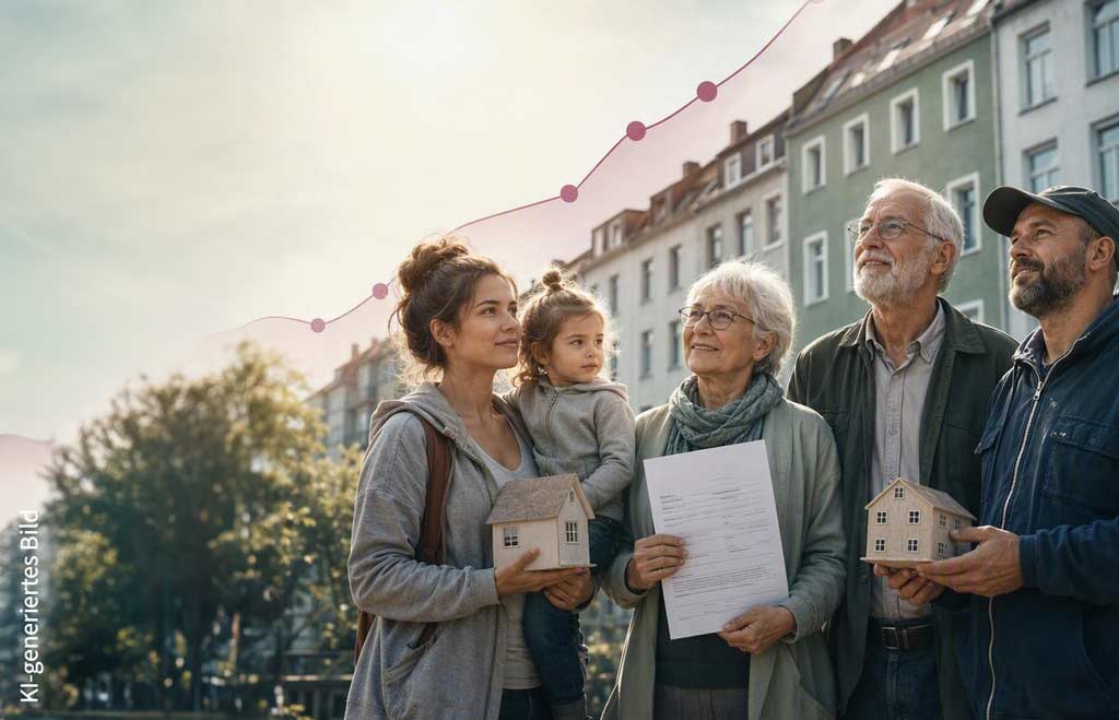 Wohngeldberechtigte stehen vor Mehrfamilienhäusern